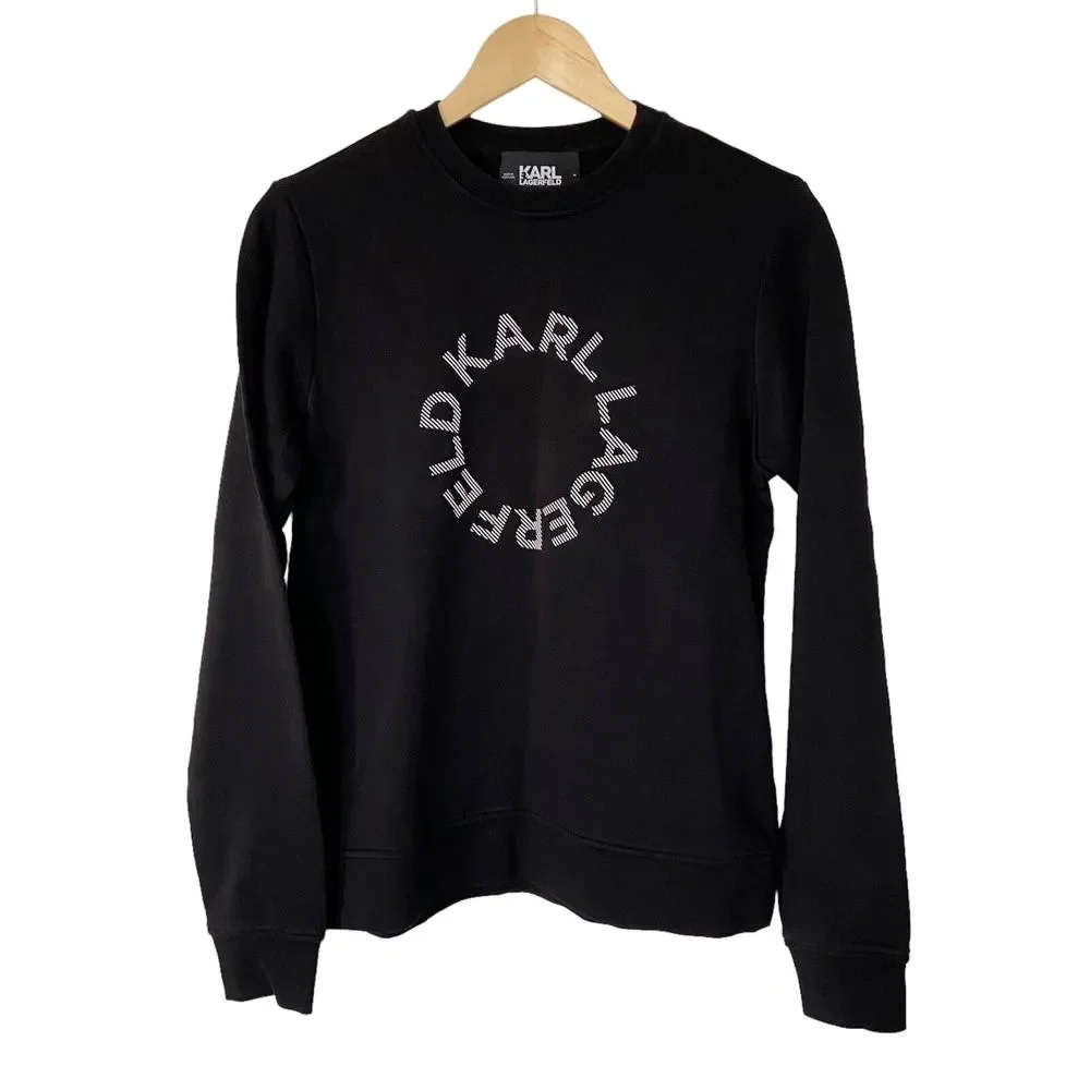 Karl Lagerfeld Paris Black Circle Logo Sweatshirt Jumper UK Size Medium Cotton - Picture 1 of 12